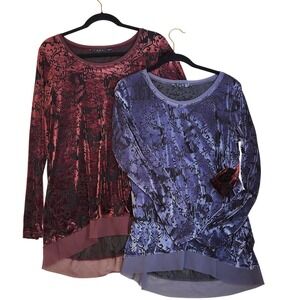 Lot 2 Burnout Velvet Top Maroon Blood Red Purple Tunic Sheer Whimsigoth Large 38